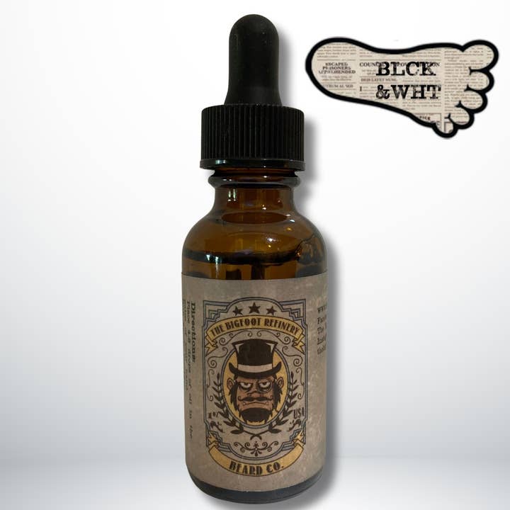 BLCK & WHT Beard Oil - 1oz bottle for wholesale by The Bigfoot Refinery Beard Co.