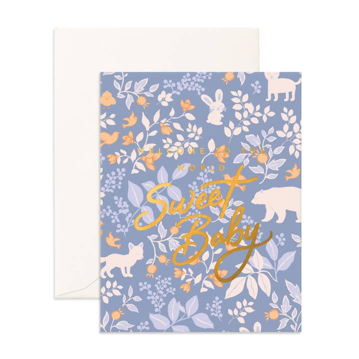 Welcome Sweet Baby Cornflower Greeting Card for wholesale by Fox & Fallow