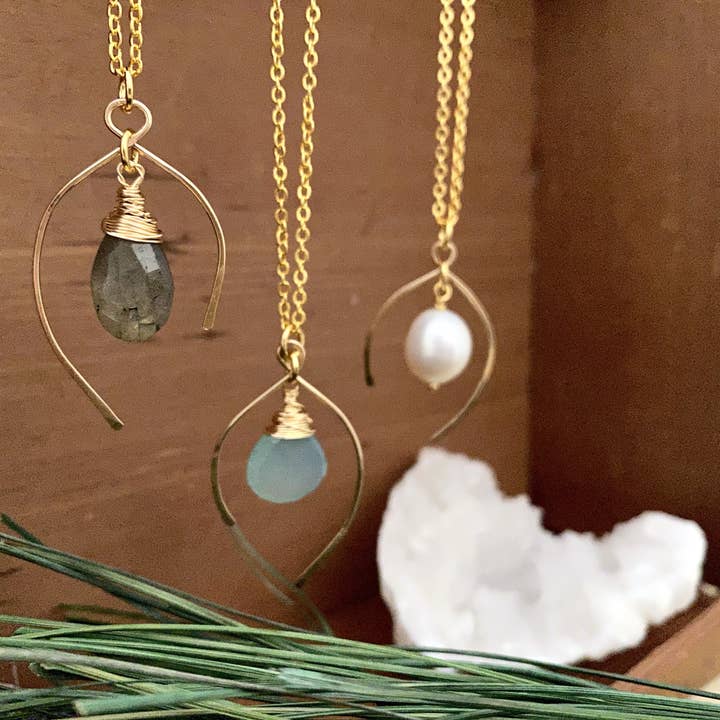 Pyrite and Pearls – wholesale Pendant/charm necklace – Wish Bone Necklace with A Aqua Blue Chalcedony Gemstone Drop4