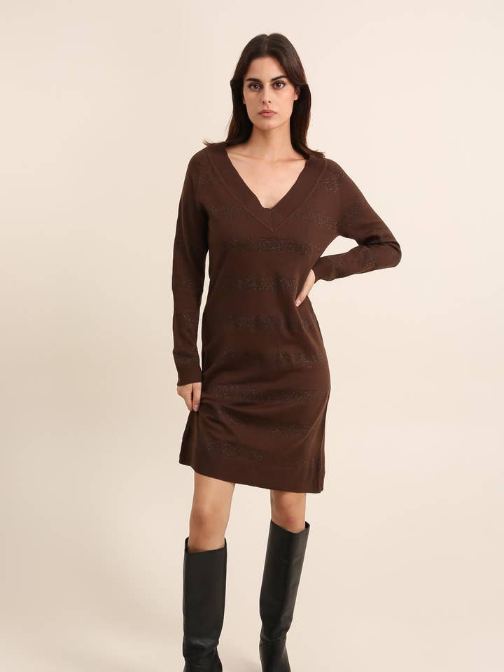 V-neck knit dress with glitter stripes - 2056 for wholesale by CHOKLATE PARIS