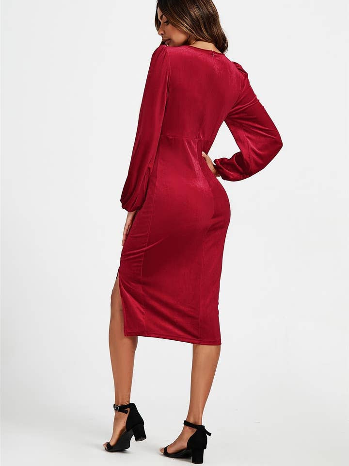 Velvet Wrap Top Midi Dress In Red for wholesale on Faire5