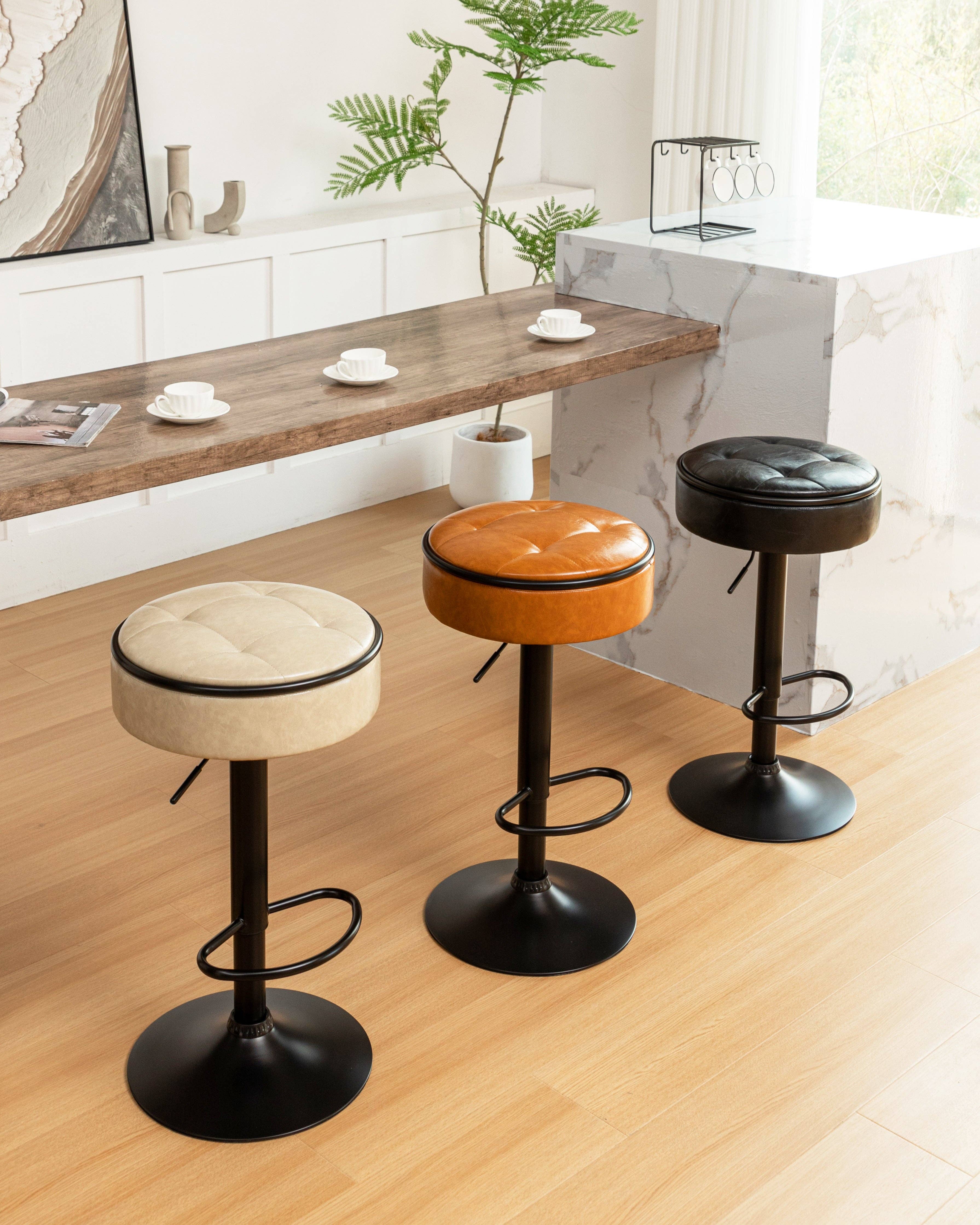 Orange County Decor - Wholesale Stool - Round Storage Bar Stool Set Of 2, Khaki Faux Leather Height Adjustable Barstool, 360 Counter Height Swivel Stool, Armless Bar Chair With Metal Frame For Kitchen Counter Dining Living Room Khaki Set8