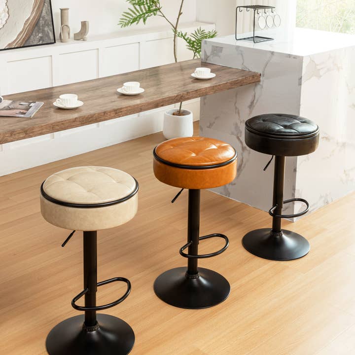 Orange County Decor - Wholesale Stool - Round Storage Bar Stool Set Of 2, Khaki Faux Leather Height Adjustable Barstool, 360 Counter Height Swivel Stool, Armless Bar Chair With Metal Frame For Kitchen Counter Dining Living Room Khaki Set8