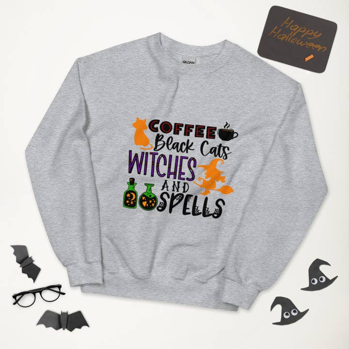 Sweat-shirt à col rond pour Halloween Coffee, Black Cats, Witches et Spells pour la vente par BreakOut Outfitters