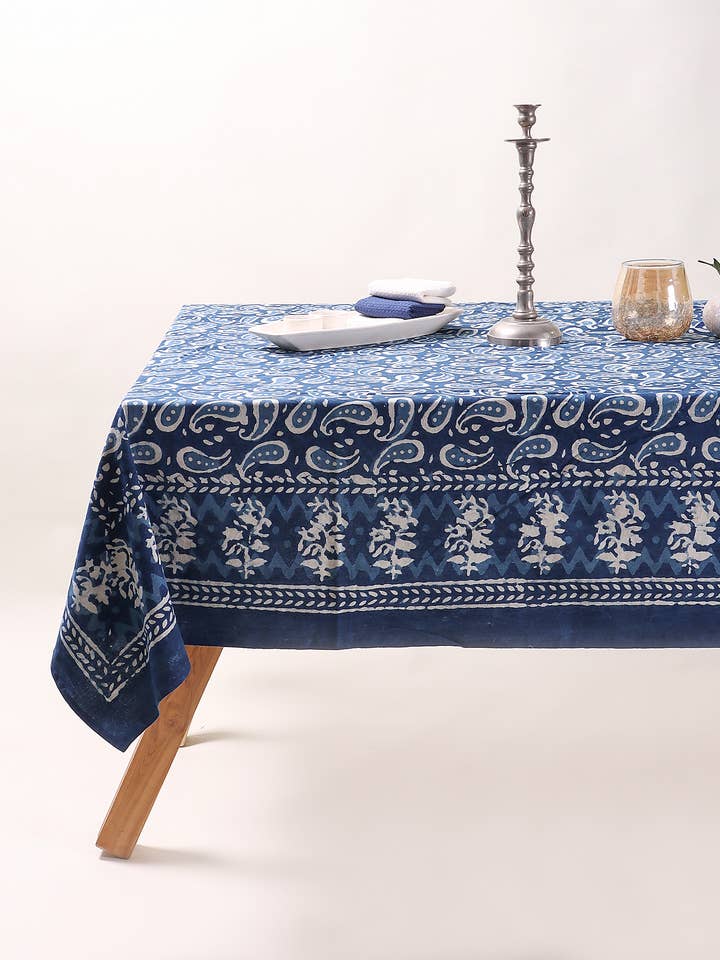 Handmade Indigo Blue Paisley Print Tablecloth - Dining Table for wholesale by Artsy Home