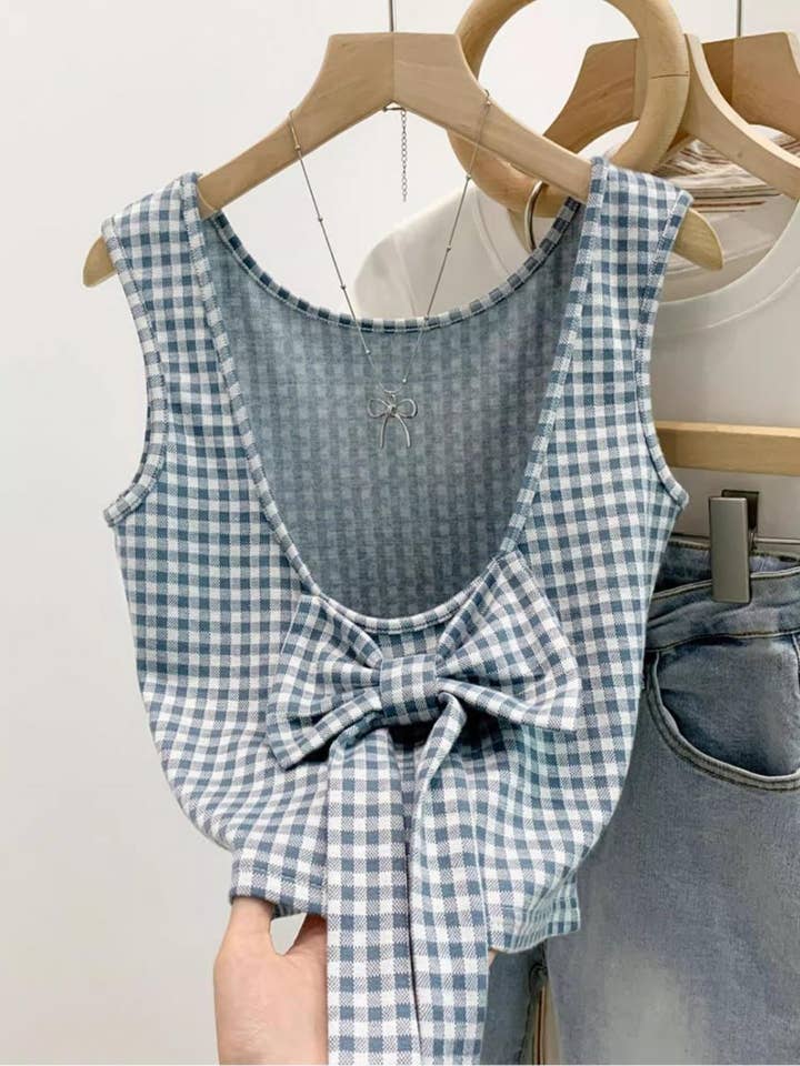 Gingham Bow-Tie Back Sleeveless Top for wholesale by Miss Sparkling