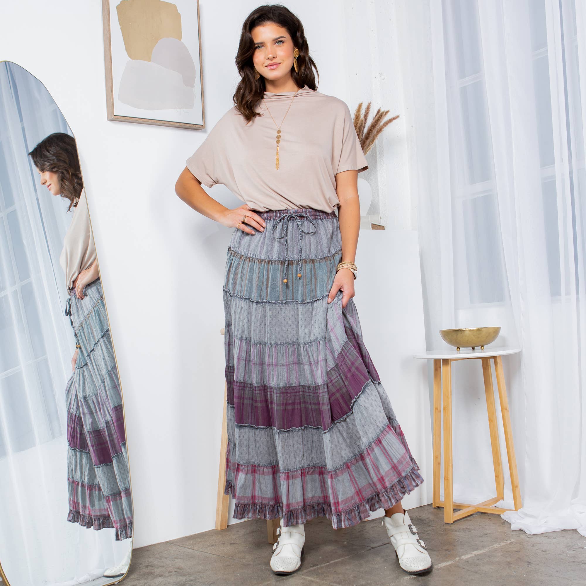 Young Threads - Wholesale Skirt - Women's - Vintage Vibes: Crinkled Tiered Skirt With Mixed Cotton Dobby0