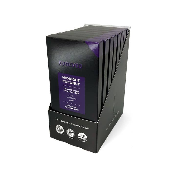 8 Pack - Midnight Coconut Organic Filled Chocolate Bars for wholesale by EVOLVED Chocolate