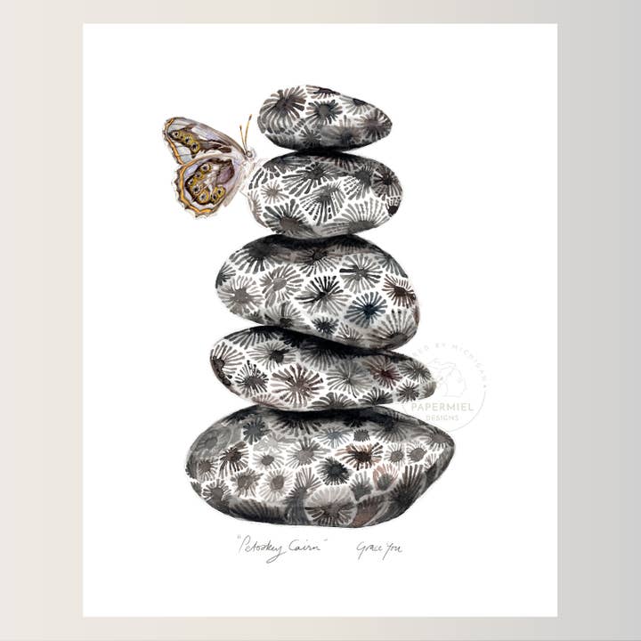 Art Print: "Petoskey Cairn" with a Michigan Butterfly for wholesale by Papermiel Designs