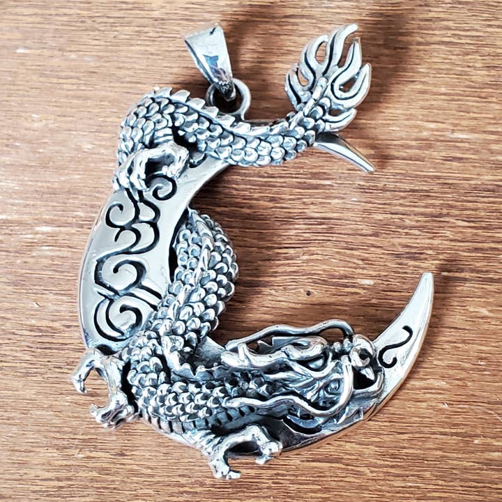 Dragon on Moon .925 Solid Sterling Silver Charm Pendant for wholesale by Dalfiya