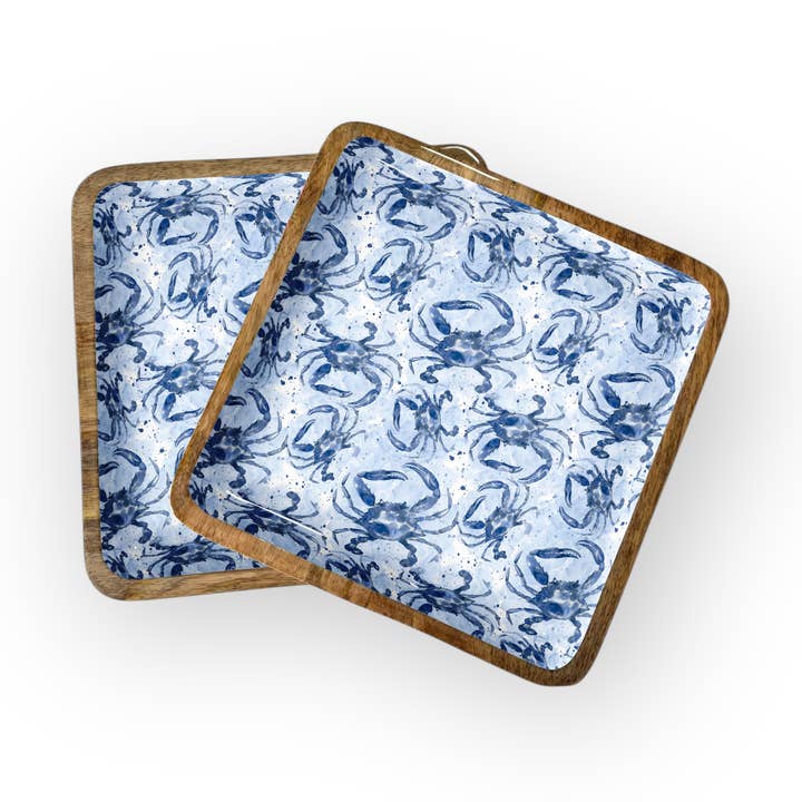 Blue Watercolor Crab Sq Trays(10" Pack of 2) 6-50-B PREORDER for wholesale by My Casita
