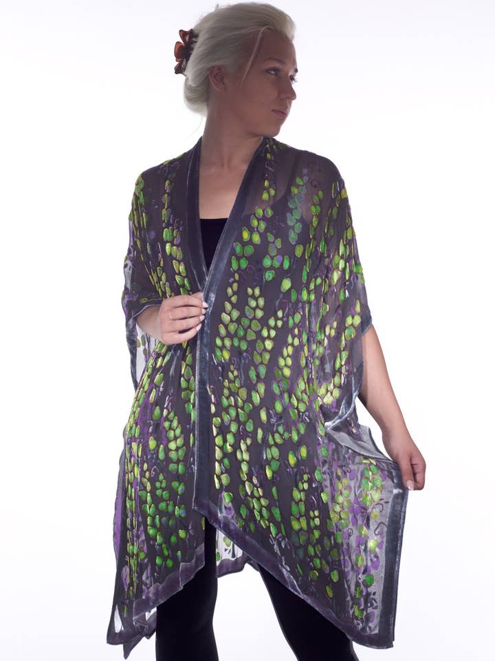 Devoré Velvet Hand Painted Kimono Jacket in Black with Green for wholesale by Sherit Levin Textiles