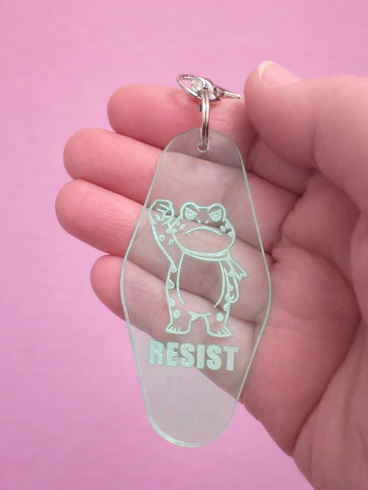 RESIST Protest Frog Motel Keychain for wholesale by Luna B Jewelry