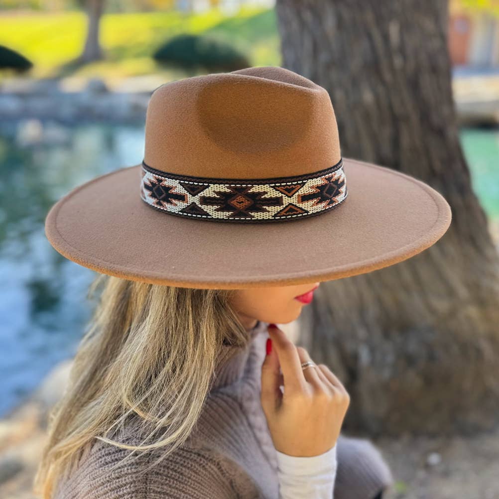 Elegant Camel Fedora with Multi Aztec Western Print Ribbon for wholesale on Faire2