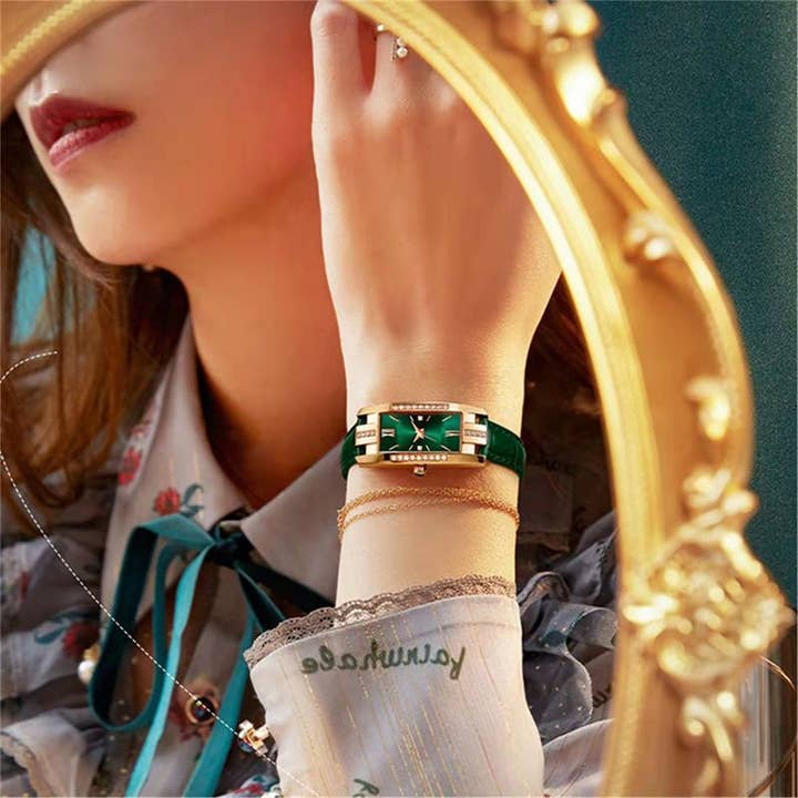 Naomi's Happy Place Shop - Wholesale Wrist watch – Women's - Women's Watches Fashion Square Ladies Quartz Watch Bracelet Set Green Dial Simple Leather Luxury Women Watches3
