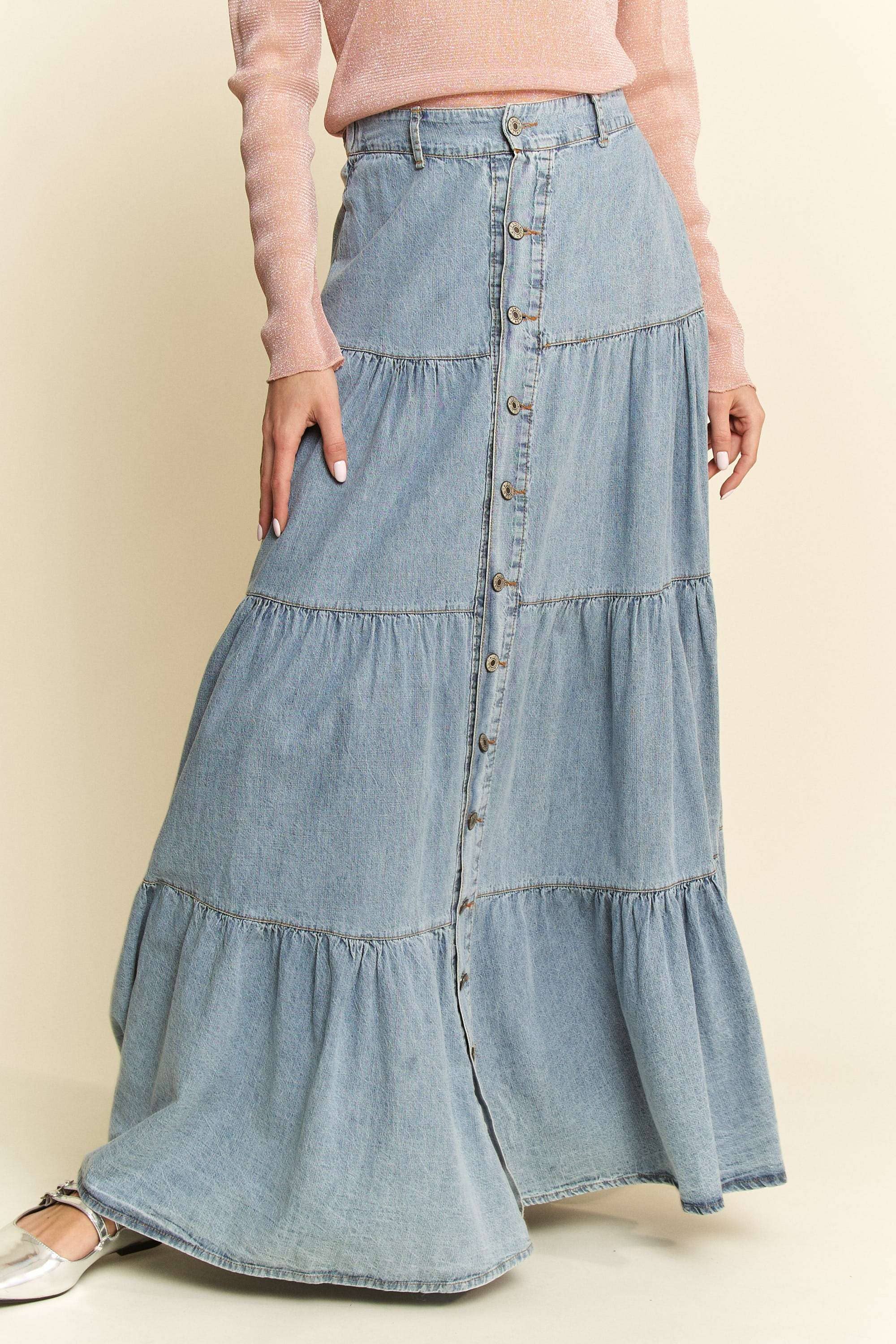 DENIM BUTTON FRONT RUFFLE HEM DENIM MAXI SKIRT for wholesale on Faire2