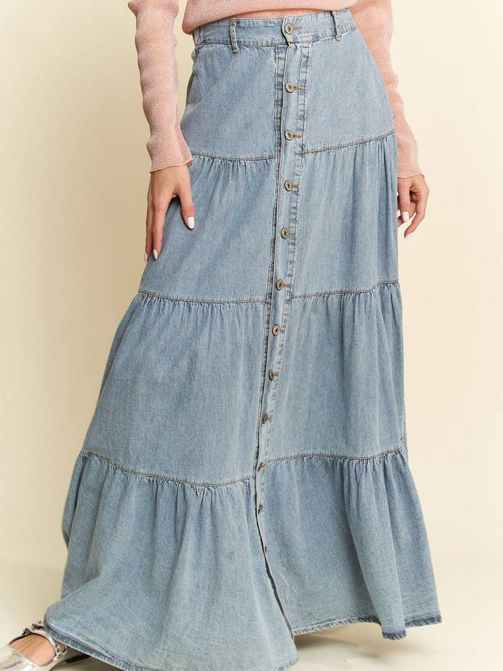 DENIM BUTTON FRONT RUFFLE HEM DENIM MAXI SKIRT for wholesale on Faire2