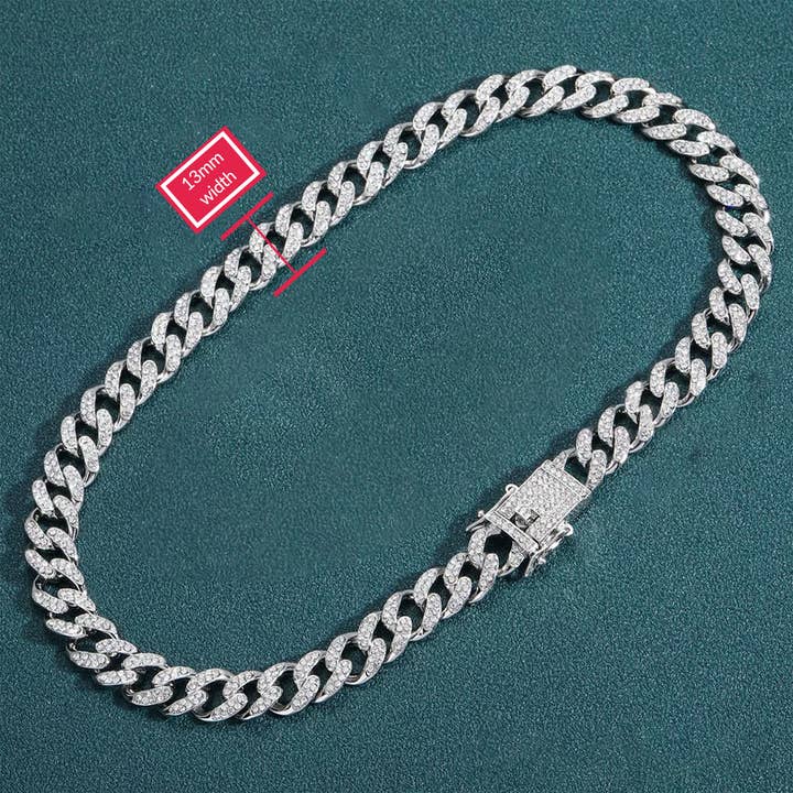 EMESLY - Vente Collier maille et chaîne - Collier cubain Iced Out (13 mm de largeur ; argent)1