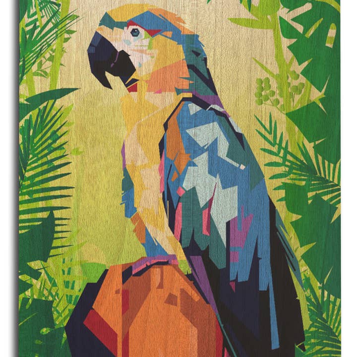 Lantern Press - Wholesale Wood Wall Art - WOOD SIGN ART Colorful Macaw in Jungle Scene Geometric1