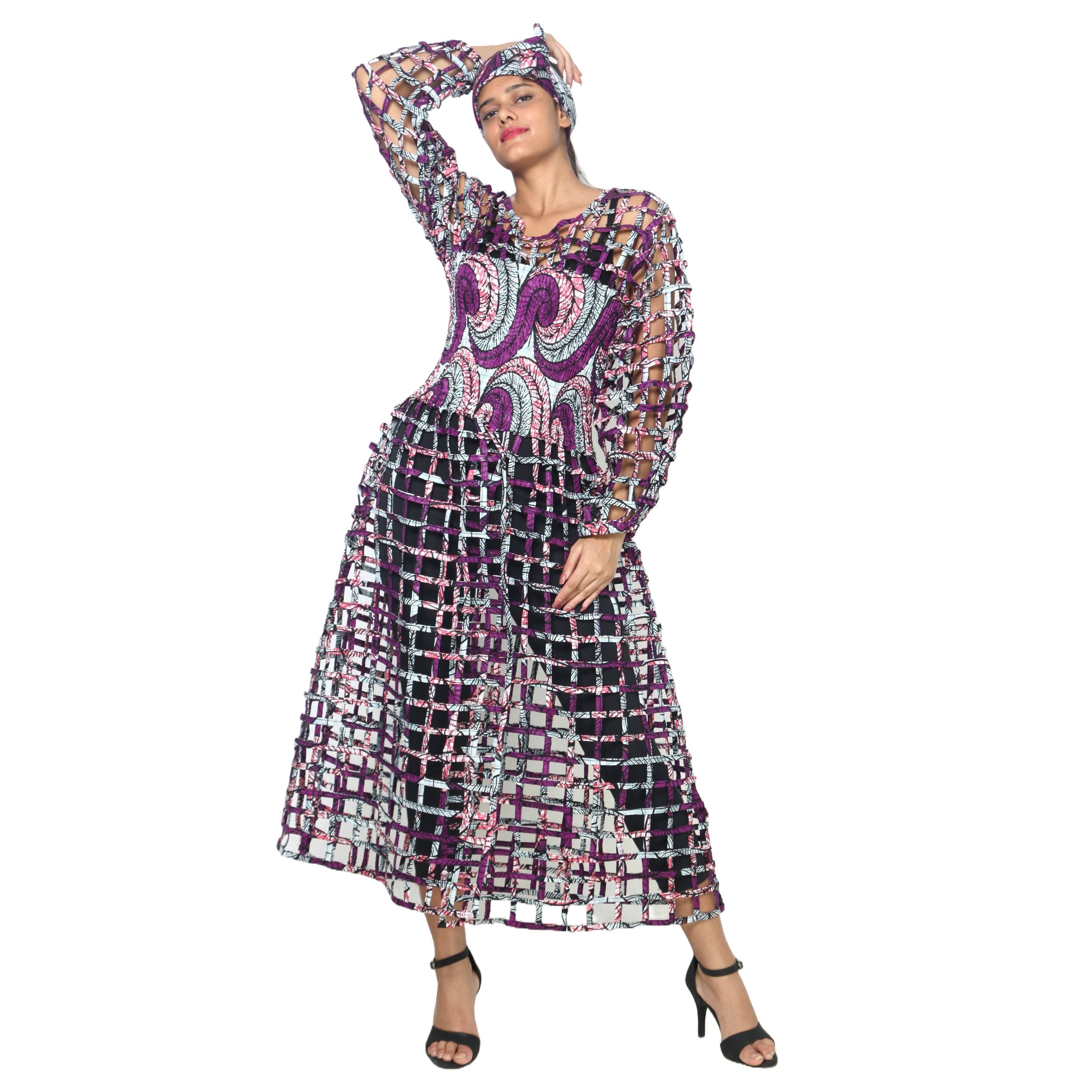 African Stars - Wholesale Dress - Women's - Women's Long Sleeve Smocked Bodice Cage Dress -- FI-ST1223