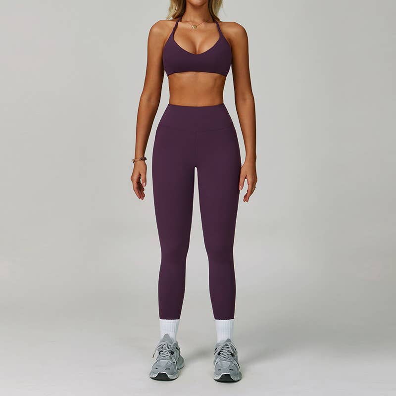 WONDERXFANS – Engroshandel Activewear-sæt – til kvinder – Krydsryg Sports-BH + Højtaljede leggings 2-delt sæt2