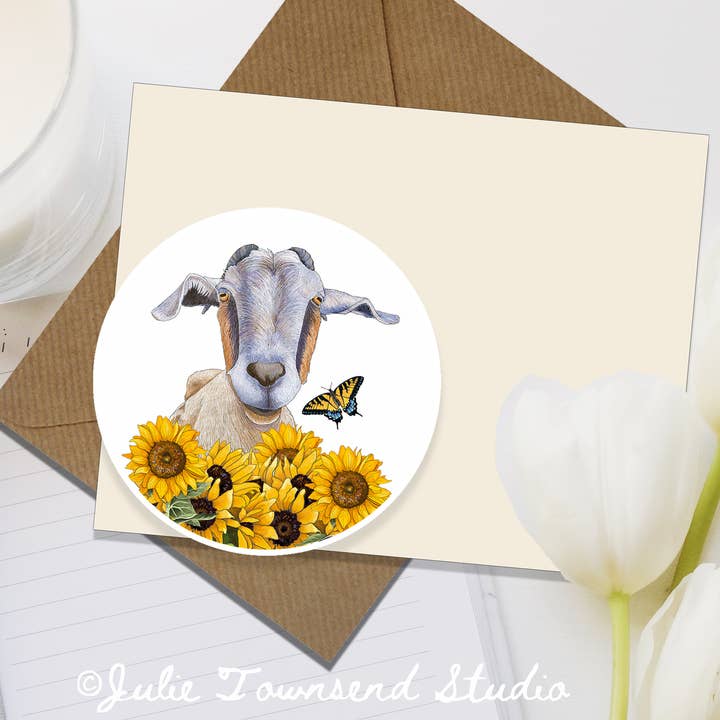 Sticker - Goat in the Sunflowers - Waterproof Vinyl for wholesale by Julie Townsend Studio