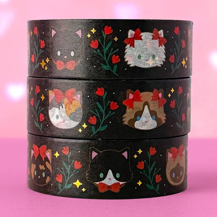 Romantic Cats Black Gold Foil Washi Tape for wholesale by Meow Amor Creative