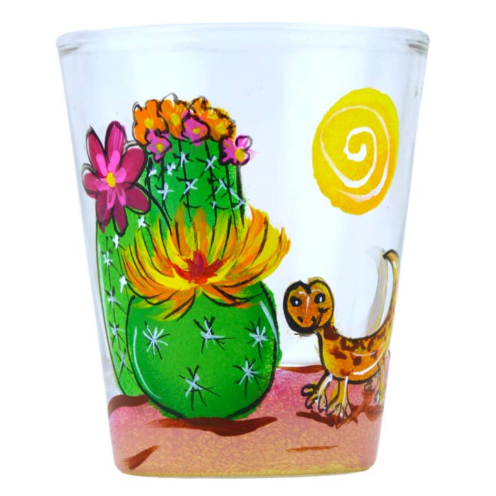 Desert Bloom Flower Lizard Cactus Hand Painted Shot Glass for wholesale by Classy Art Designs, LLC
