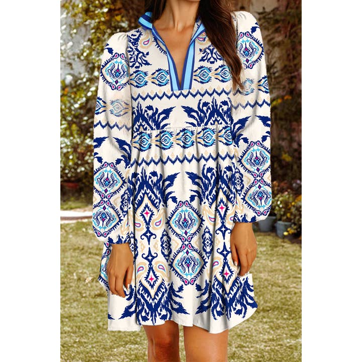 Boho Abstract Print Colorblock Neck Long Sleeve Dress for wholesale by fashionworks