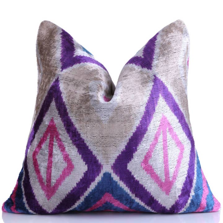 Violet & Indigo Diamond Ikat Pillow – 16x16” Silk Velvet Han for wholesale by Canvello