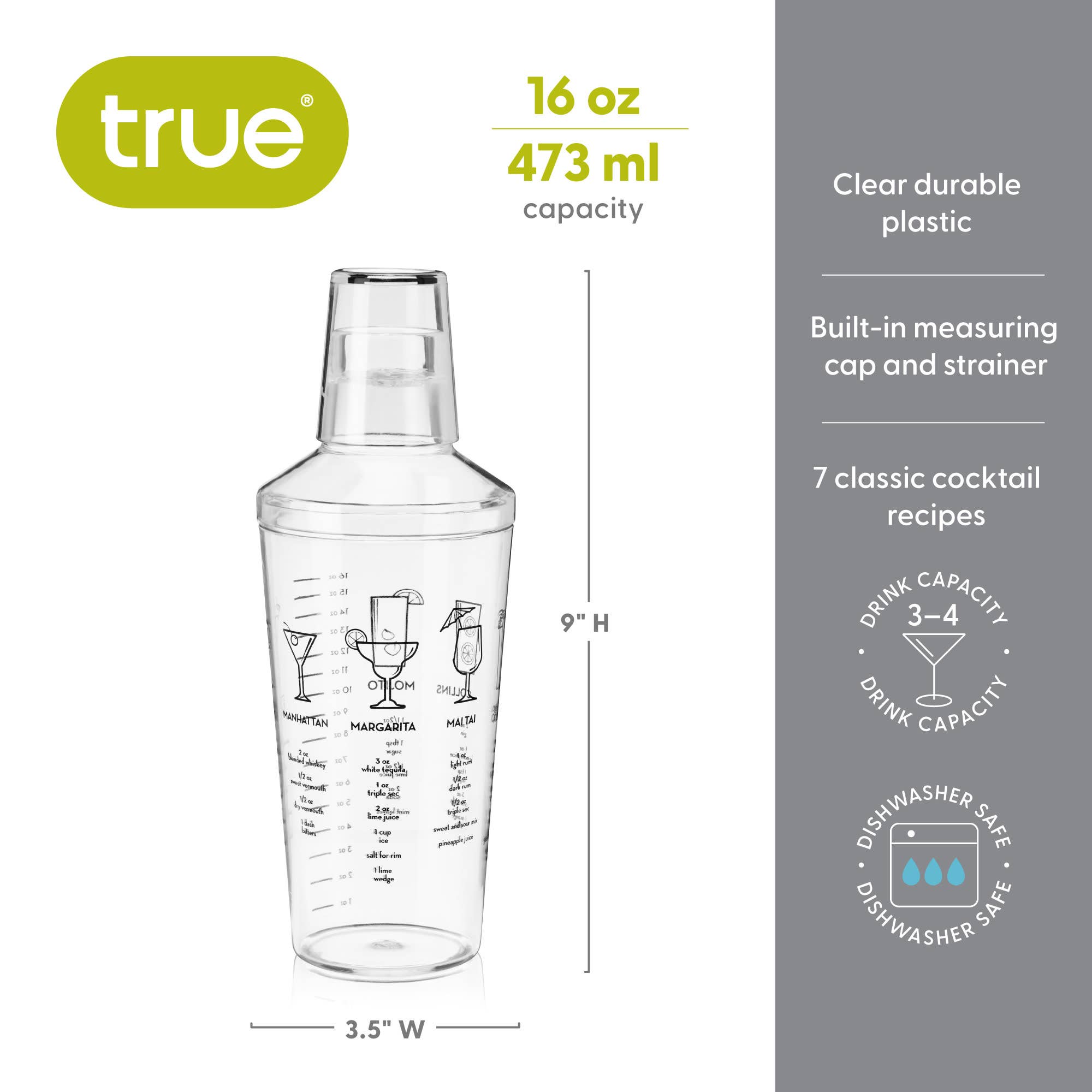 TRUE - Vente Shakers à cocktails - Maraca en plastique avec 7 recettes de cocktails imprimées 16 oz5
