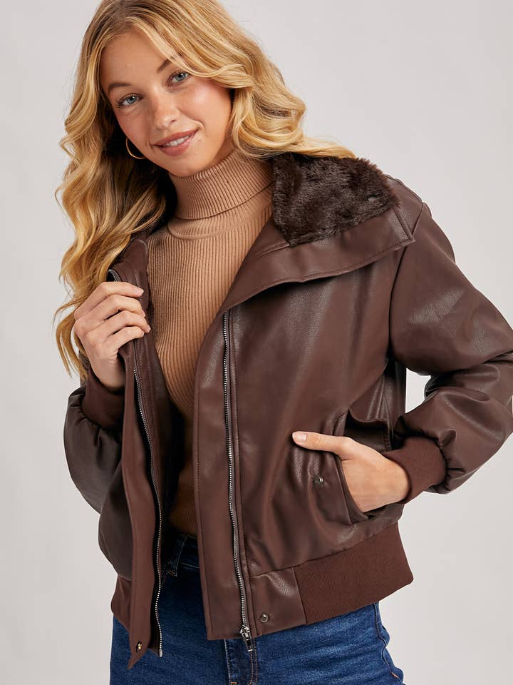AVIATOR FAUX LEATHER AND FUR TRIMMED BOMBER JACKET for wholesale by Bluivy