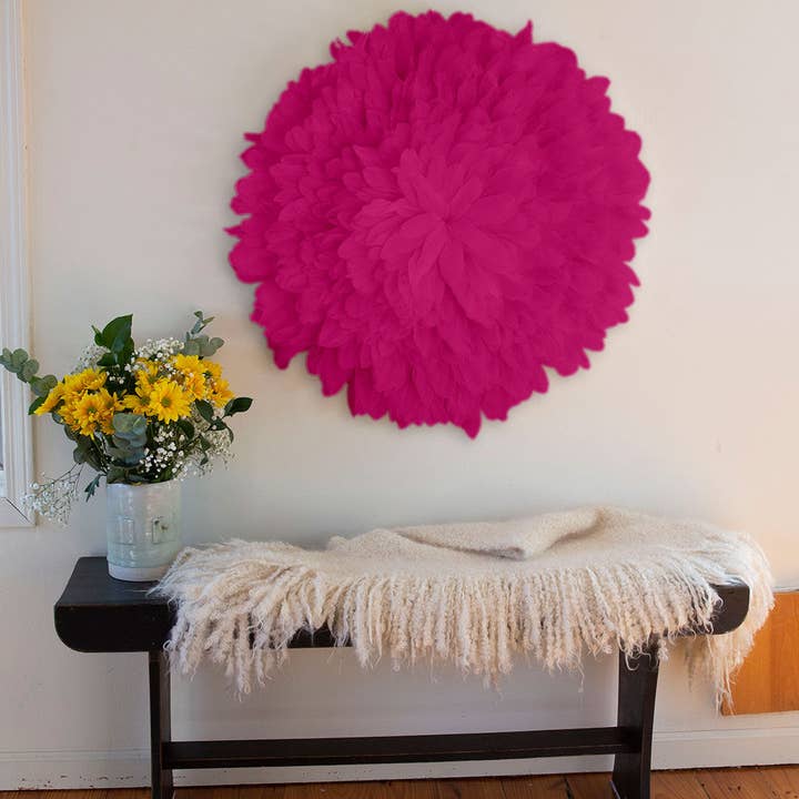 African JuJu Hat Feather Wall Art and Decor - Large - Fluorescent Fuchsia for wholesale by Zucker Feather Products