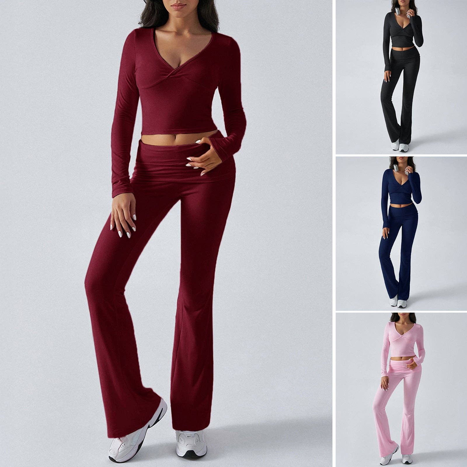EmberLoom - Wholesale Lounge Set - Women's - Women's Solid V-Neck Knit Slim Fit Top and Pants Set9
