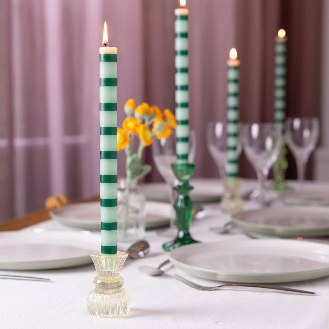 Talking Tables EU - Wholesale Tapered Candle/Candlestick - Green Stripe Taper Dinner Candles - POS Unit1