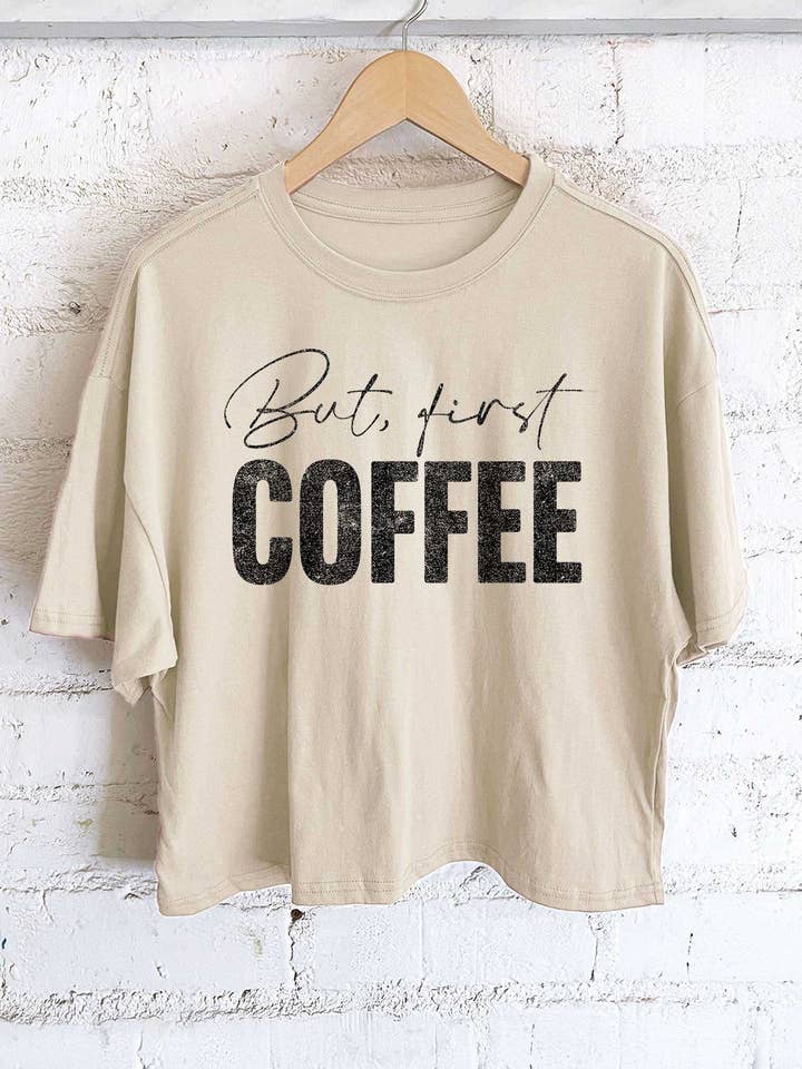 BUT FIRST COFFEE GRAPHIC LONG CROP TOP for wholesale by Rustee Clothing