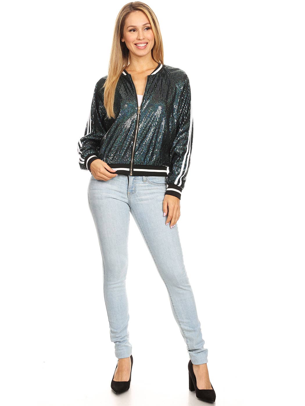 Anna Kaci Wholesale - Wholesale Varsity/Baseball Jacket - Women's - Striped Metallic Sequin Varsity Jacket115