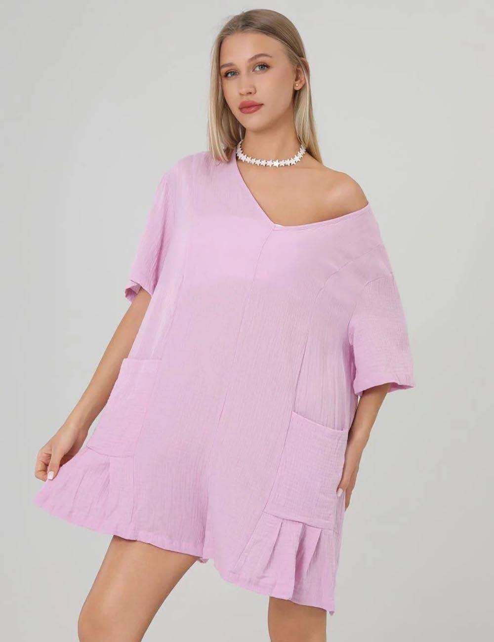Sweetkama - Wholesale Romper - Women's - Flouncy Shapeless V-Neck Draped Sleeves Romper SKJ1816