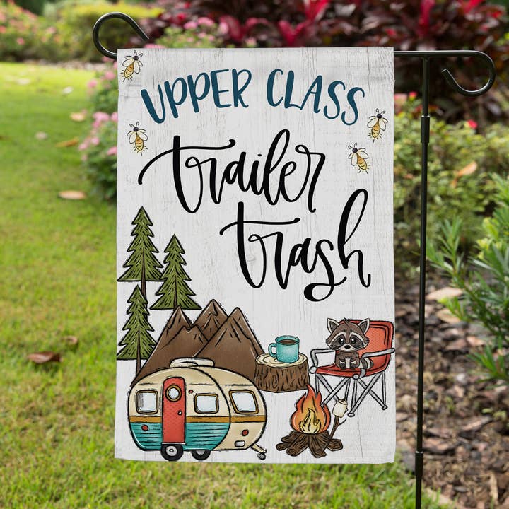 Trailer Trash Camp Garden Flag, Fun RV Camping Outdoor Decor for wholesale by Canary Road