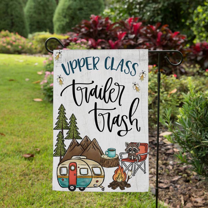 Trailer Trash Camp Garden Flag, Fun RV Camping Outdoor Decor for wholesale by Canary Road