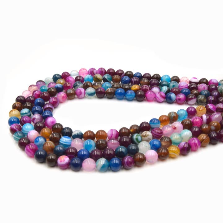 Only Beads - Wholesale Beads - Pink Multi Color Striped Agate Beads | Smooth Round Loose Gemstone Beads | Natural Agate Beads