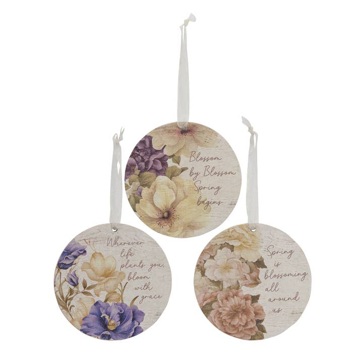 Blossoming Words Vintage Round Ornament - 3 Asstd. for wholesale by The Hearthside Collection