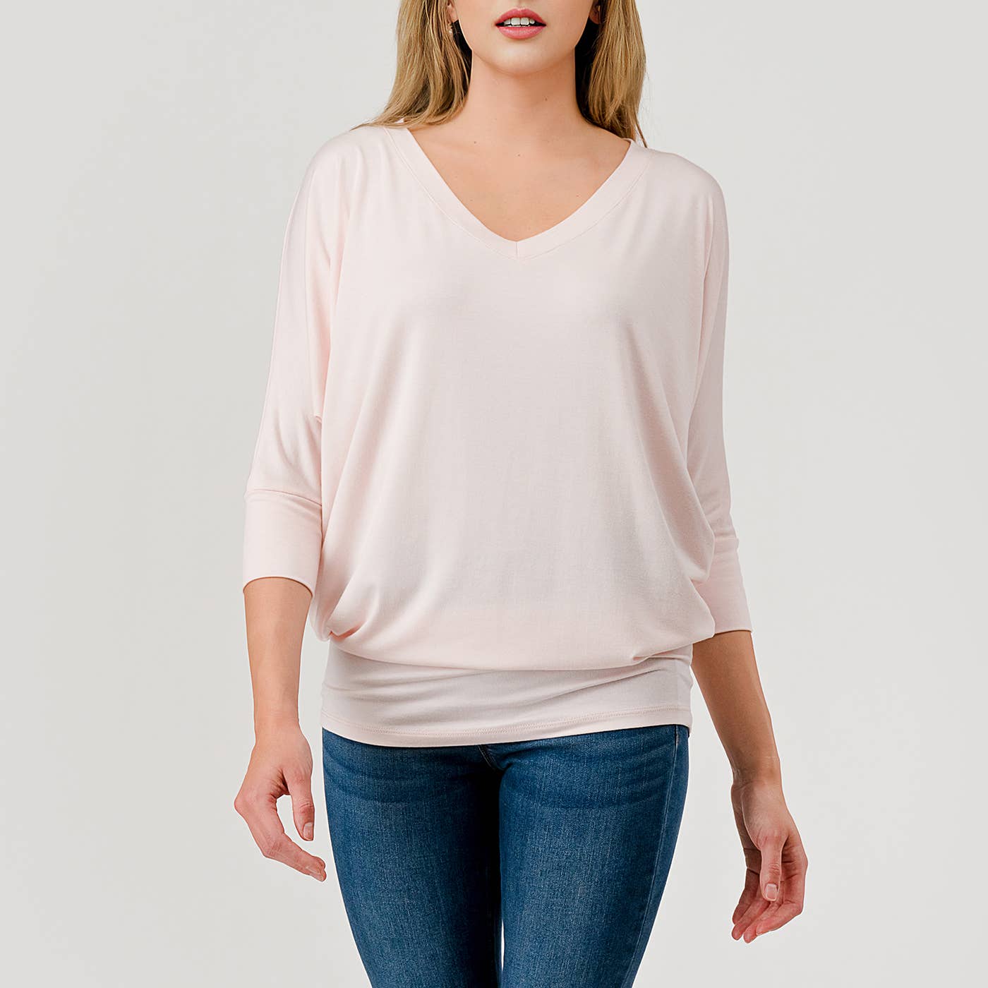 Heimious - Wholesale Knit Top - Women's - 3/4 Dolman Sleeve V-neck Modal Jersey Top, 257374