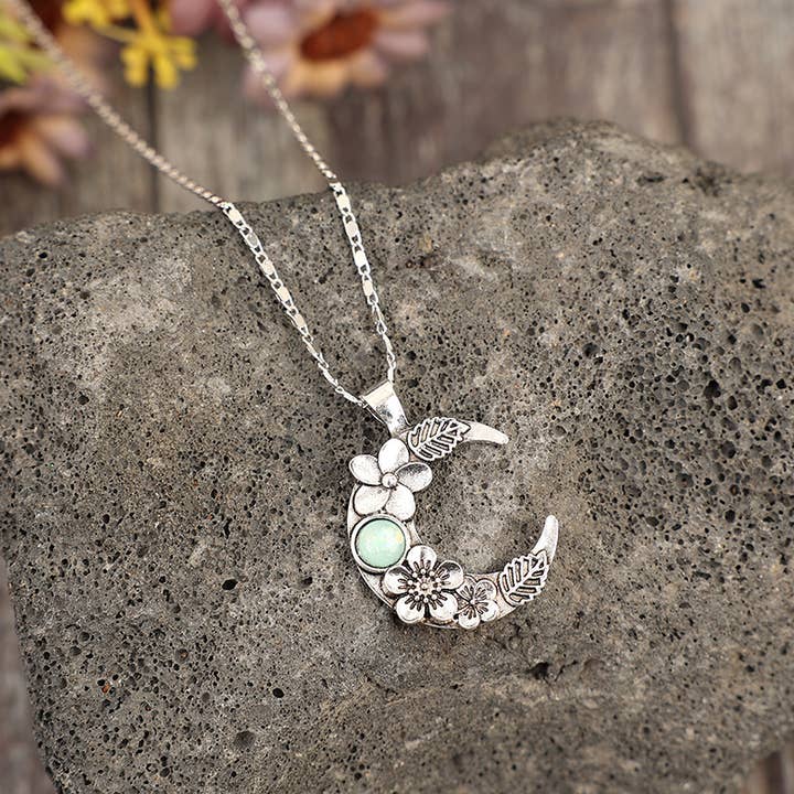 Gray Bohemian Crescent Moon Floral Inlay Alloy Pendant SP550 for wholesale on Faire1