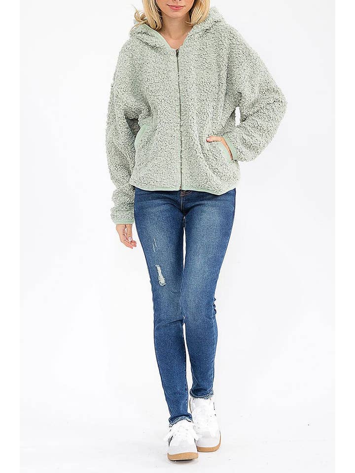 ROUSSEAU - Wholesale Jacket - Women's - SOLID SHERPA HOODED ZIP UP POCKET FRONT JACKET26