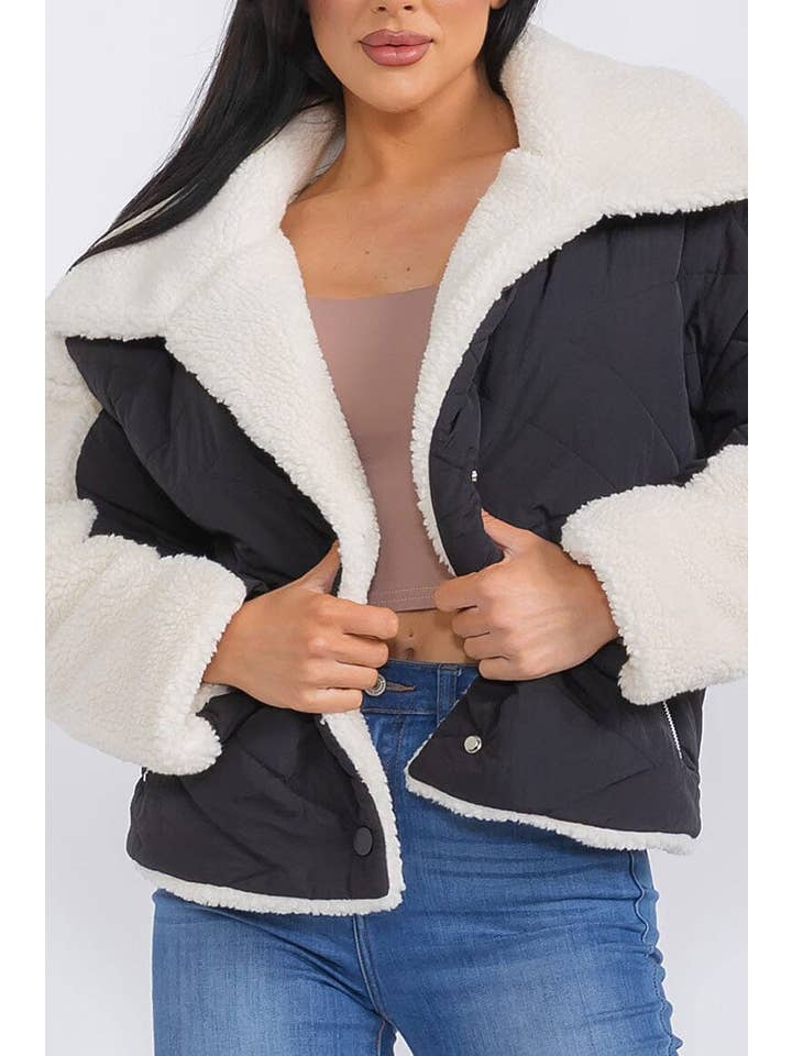 BLACK WHITE SHERPA CONTRAST POCKET FRONT JACKET for wholesale on Faire1