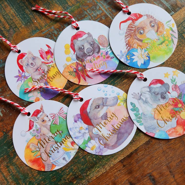 Set of 6 Australian animals Christmas gift tag for wholesale by Watercolour By Cat
