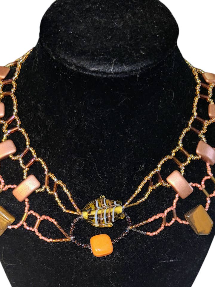 Amber Tiger Eye Burnished Collar Necklace for wholesale by Tsuga Beadwork