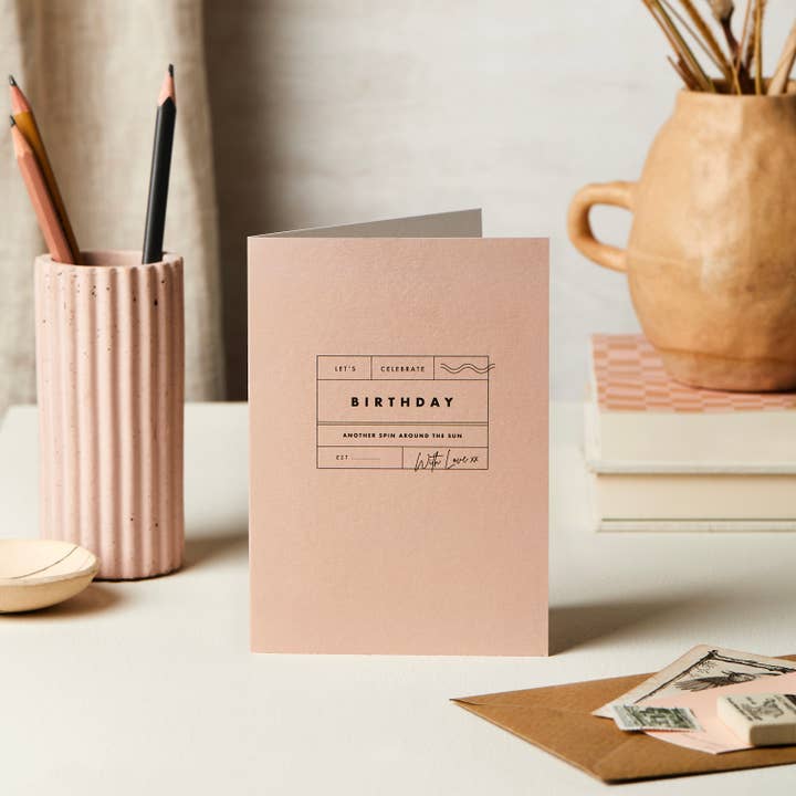 Birthday Stamp Pink Greeting Card for wholesale by Katie Leamon