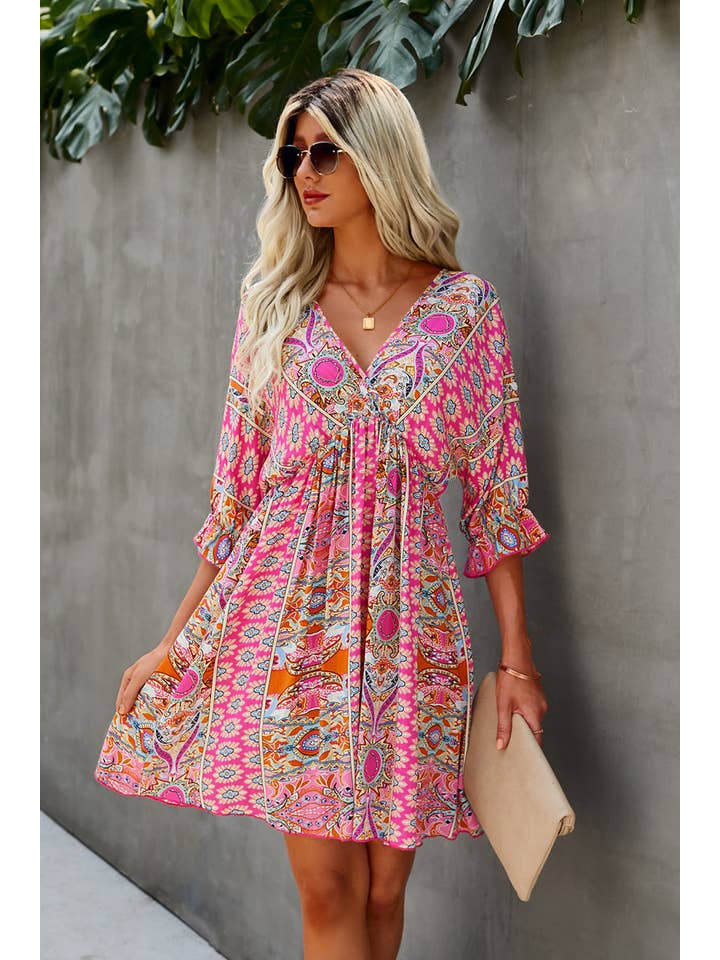 Supreme Fashion - Wholesale Dress - Women's - Boho Print Wrap Neck Tie Back Pleated Hem Dress